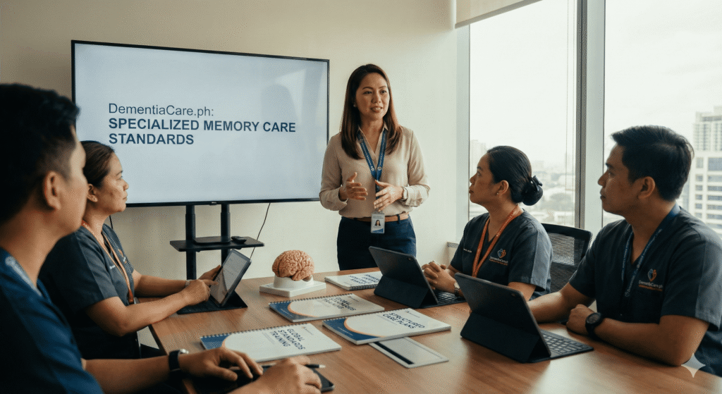 A team of Filipino dementia care specialists in blue scrubs discussing structured care plans in a boardroom.