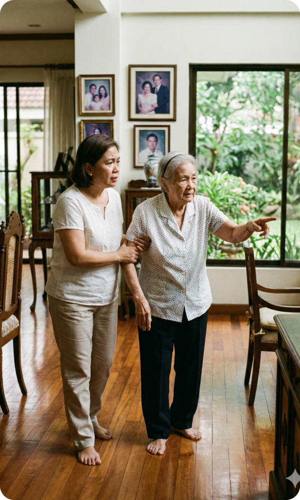Untrained caretaker helping patient living with dementia walk.